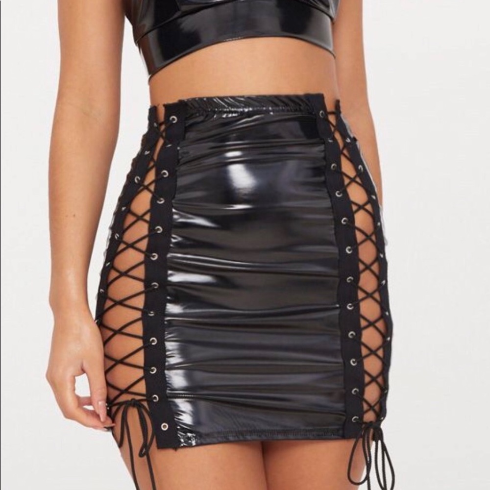 Pretty Little Things Black Vinyl Lace Up Skirt